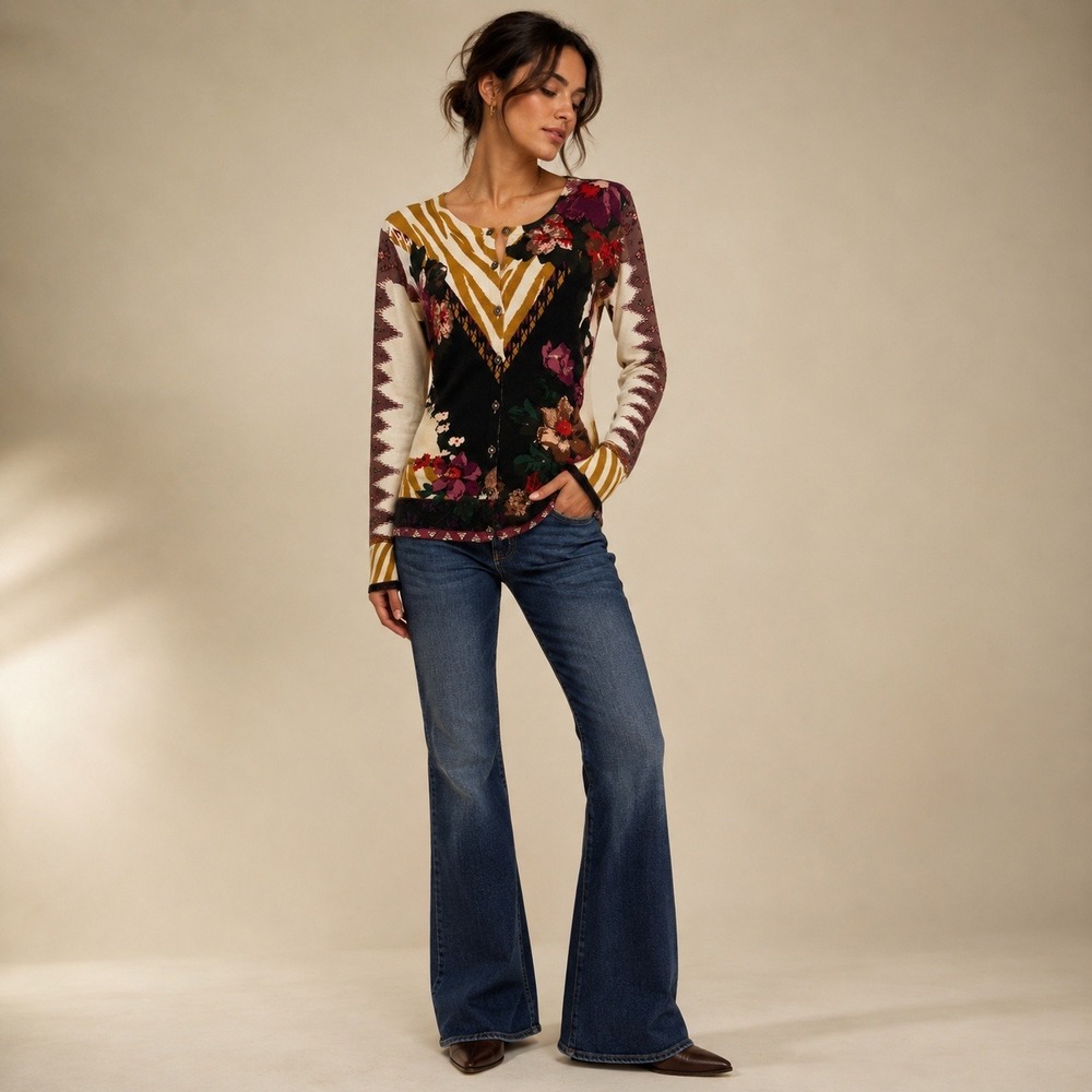 Etro Milano Cardigan 42 Multicolor Cashmere silk Blend Floral Tribal Luxury